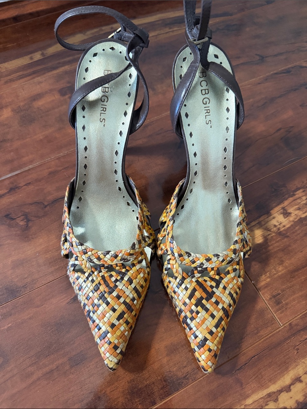 BCBGirls Woven Pointed-Toe Ankle-Strap Pumps in orange , Brown & gold